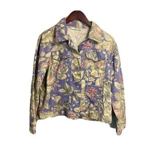 Vintage Norm Thompson Womens Floral Flower Denim Jacket Washed Button Size Large